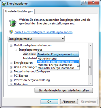 Energieoptionen - WLAN-Adapter Energiesparmodus herabsetzen